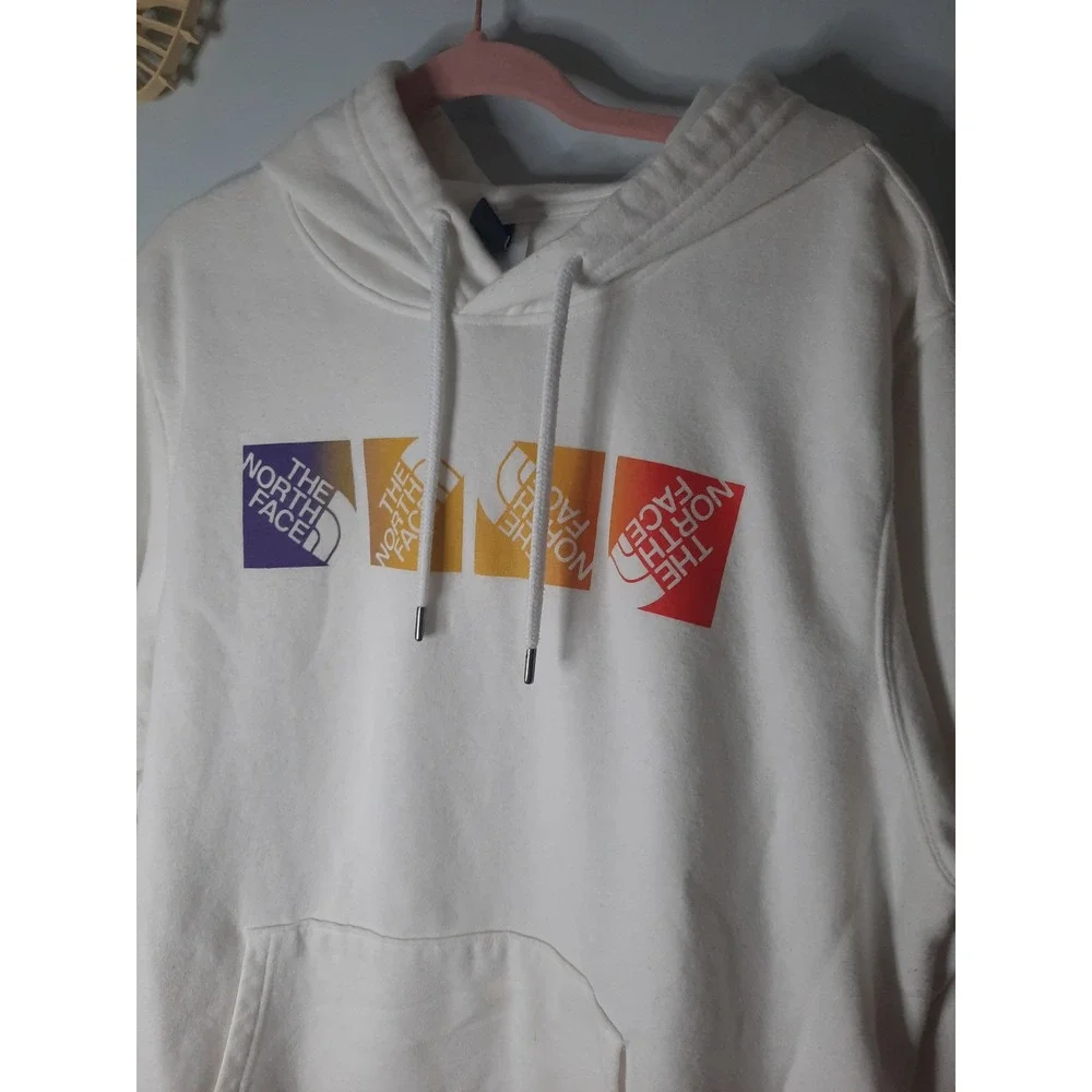 North Face Mens XL Circular Design Hoodie White Multi Color Box Logo Pullover - Picture 2 of 6